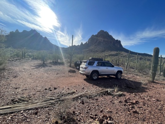 A silver SUV parked on a rocky desert trail in the Ironwood Forest National Monument, surrounded by tall saguaro cacti and low shrubs under a bright sun and blue sky, with rugged mountains rising in the background.
